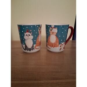 Pier 1 Cat 2 Coffee Tea Mugs Kitties in Santa Hats Christmas 14 Oz Ironstone
